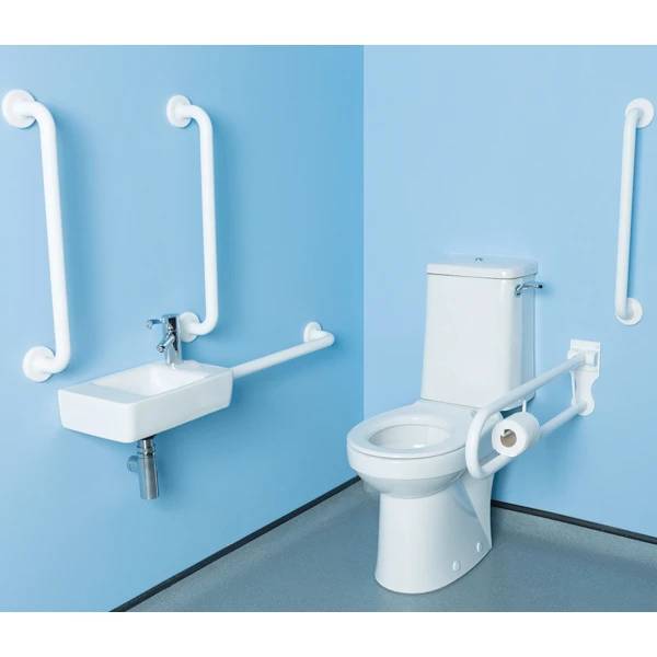 Twyford Avalon Set Of Floor-Standing WC, Rimfree, With Close-Coupled Exposed Cistern, WC Seat Ring, Handrinse Basin, Tap, Handles And Pull-Down Rail, RH