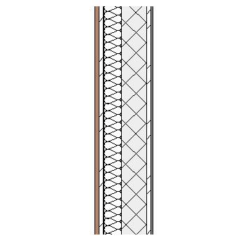 Cement bonded particleboard panel with metal frame, weather barrier, inulation, concrete block and plasterboard lining on metal furrings