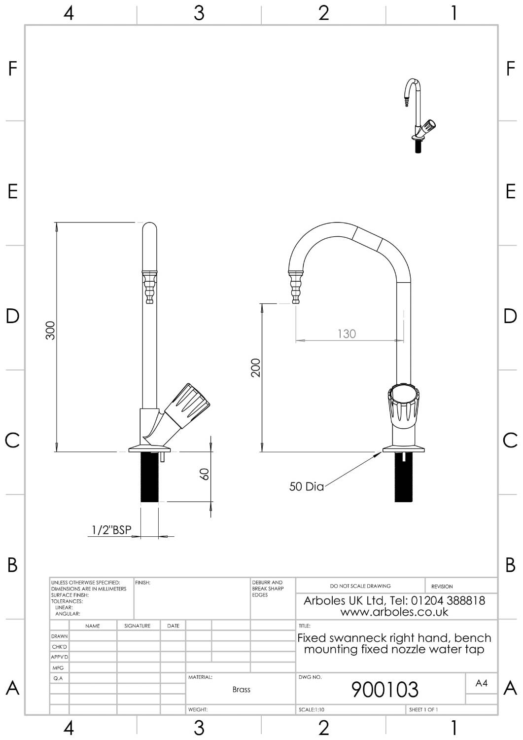 Arboles UK Cold Water Fixed Swan Neck Laboratory Water Tap 