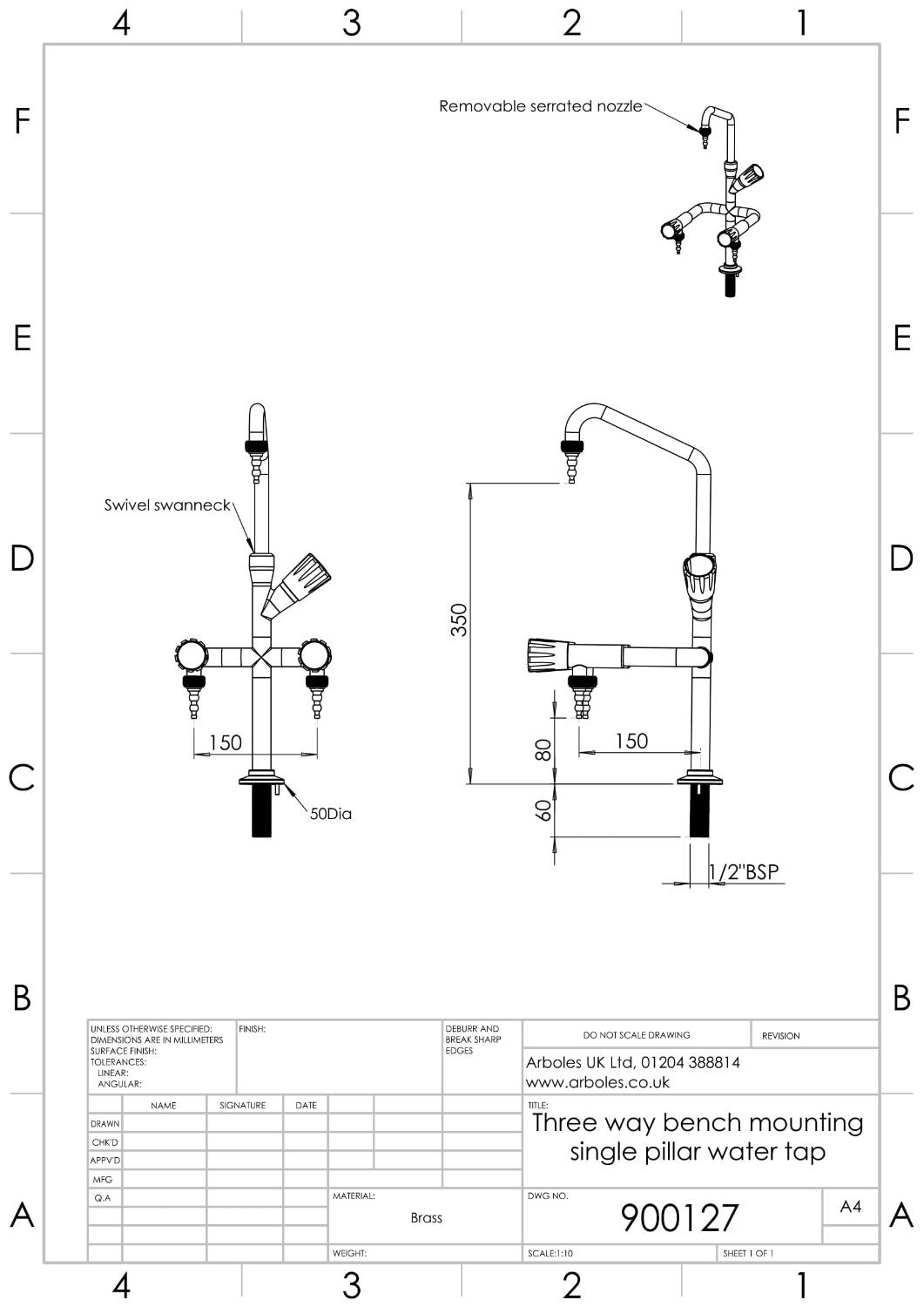 Arboles UK Bench Mounted Three Way Pillar Bib Tap With Removable Nozzles