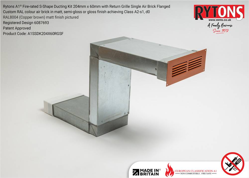 Rytons A1® Fire-rated S-Shape Ducting Kit 204 x 60 mm with Single Air Brick