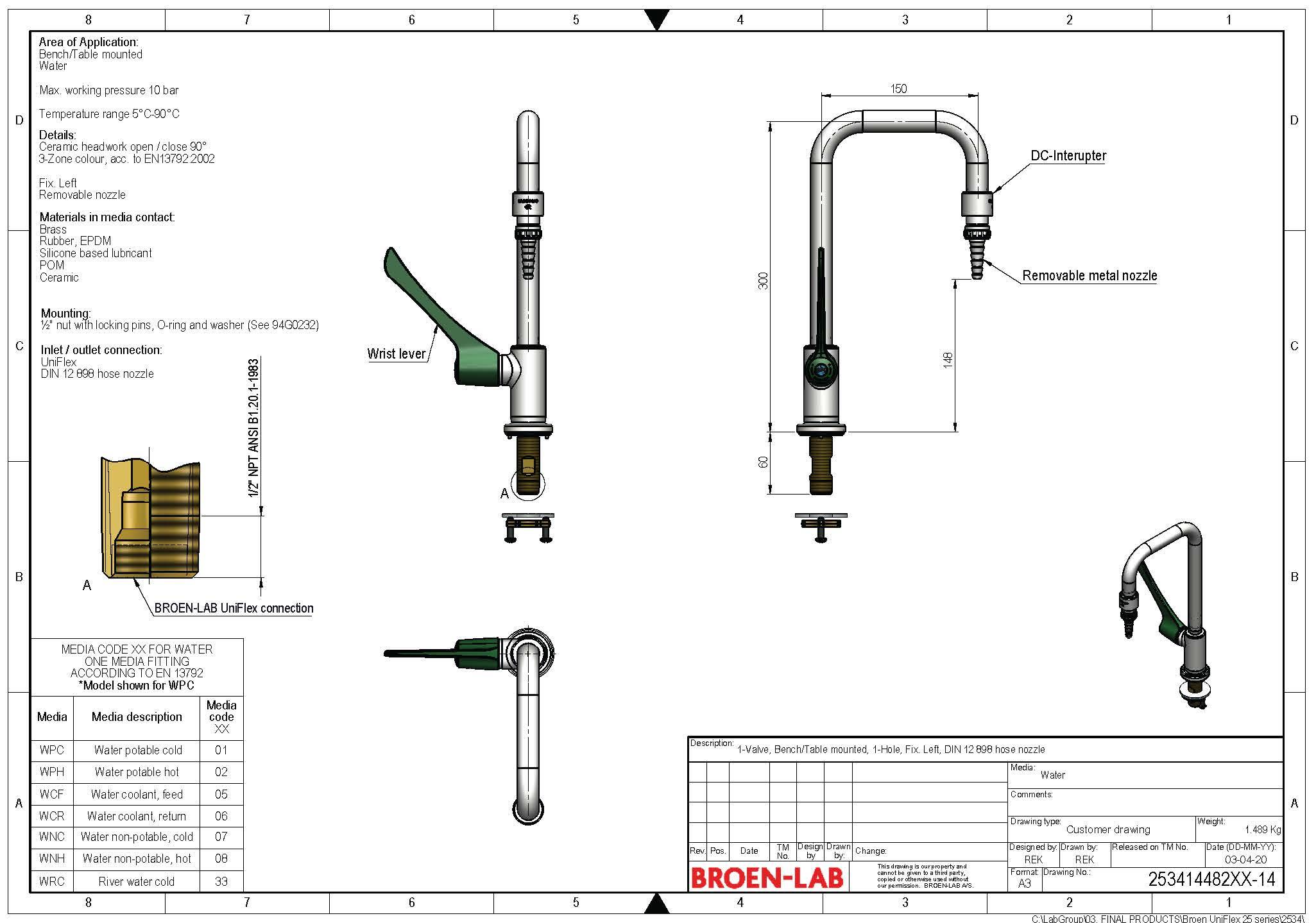 Table Mounted One-Way Laboratory Tap Left