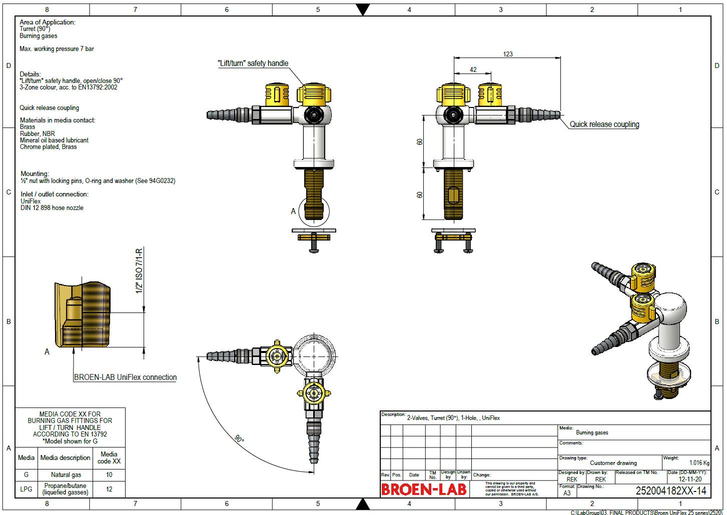 Table Mounted Laboratory Two-way 90° Gas Tap with Quick Release Couplings