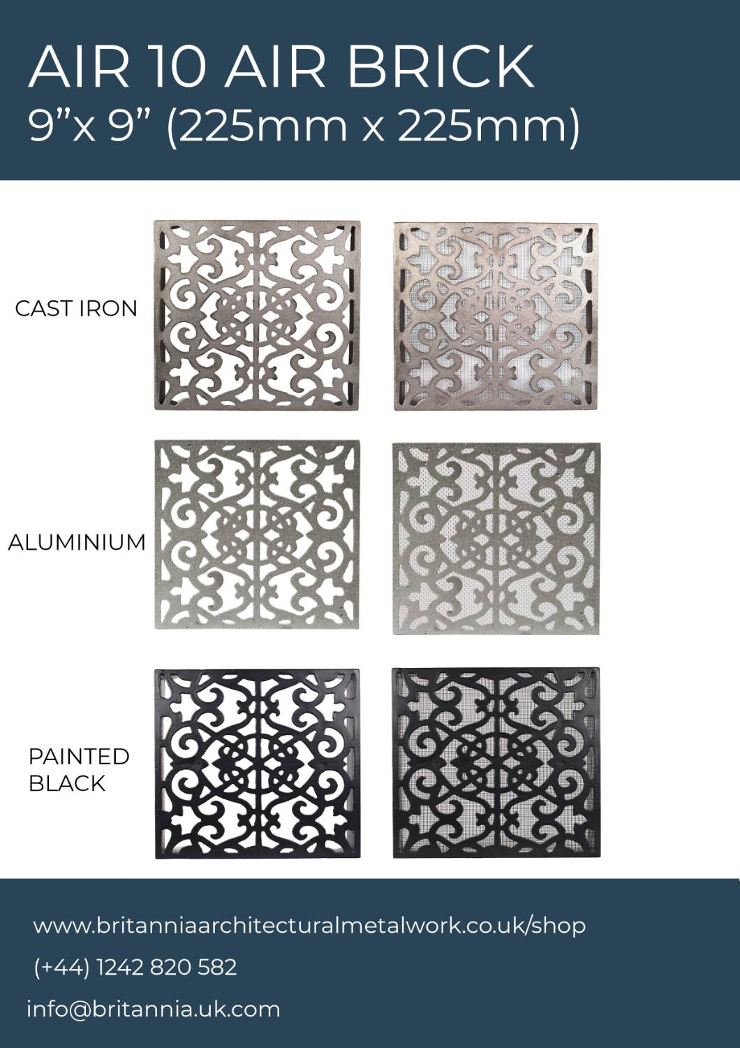 Air bricks - cast iron and aluminium 9" x  9" (225 mm x 225 mm) square.  External or internal ventilation airbrick.  - Cast Iron and Aluminium Air Bricks