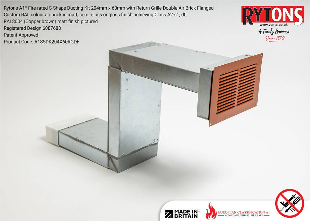 Rytons A1® Fire-rated S-Shape Ducting Kit 204 x 60 mm with Double Air Brick