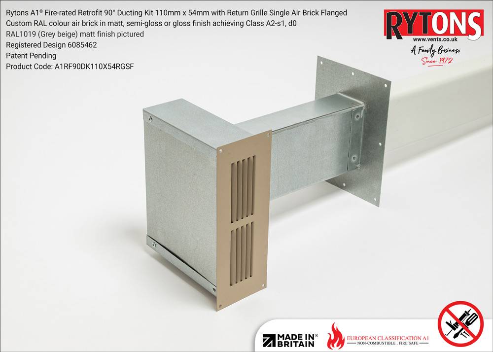 Rytons A1 Fire-rated Retrofit 90° Ducting Kit 110mm x 54mm with Single Air Brick