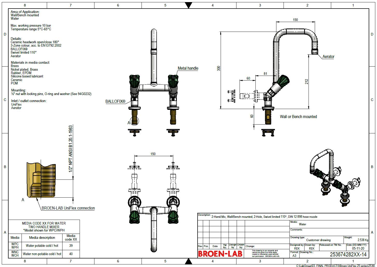 Two-hole Laboratory Table or Wall Mounted Mixer