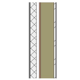 Cement rendered concrete block cavity wall with wood frame, particleboard, insulation and plasterboard lining on metal furrings