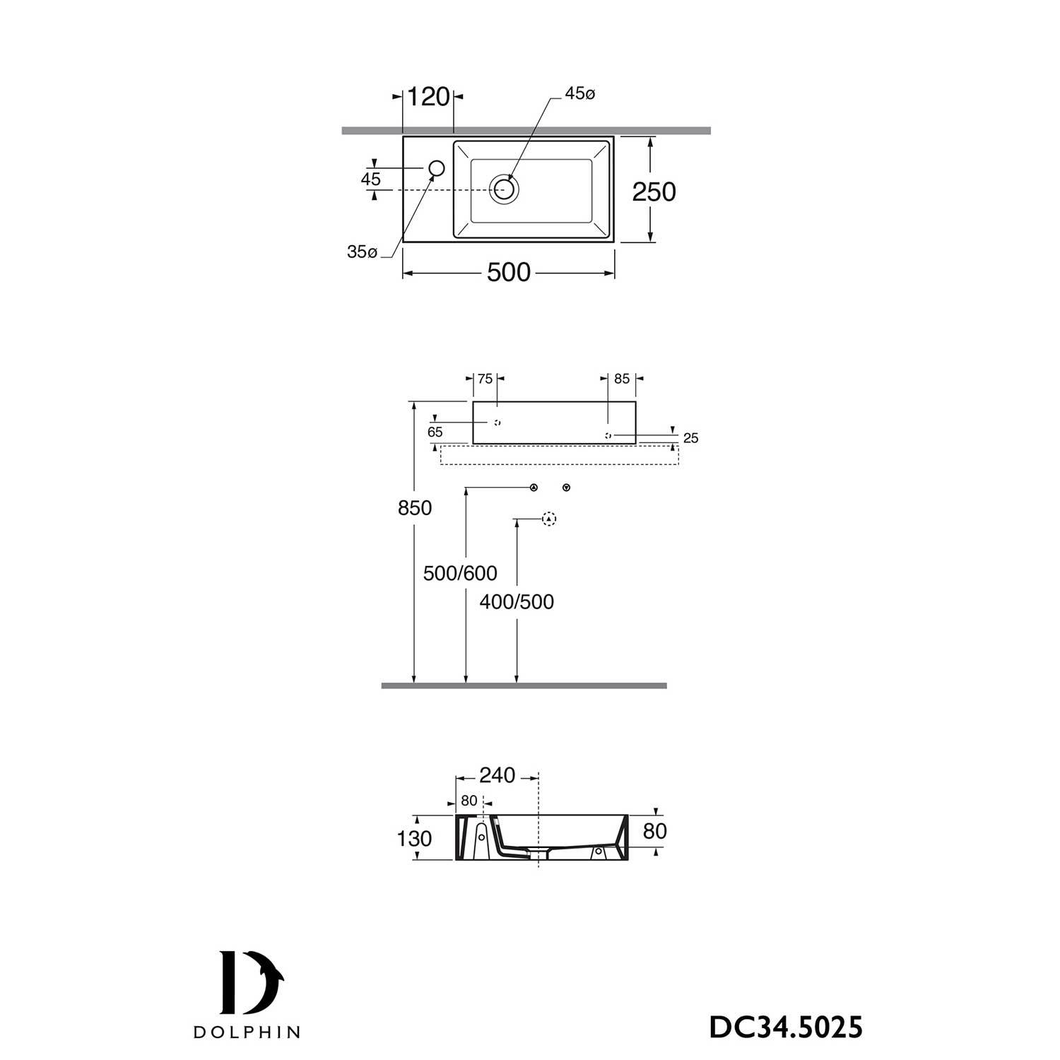 DC34.5025 - Dolphin Rectangular Wall Mounted Basin