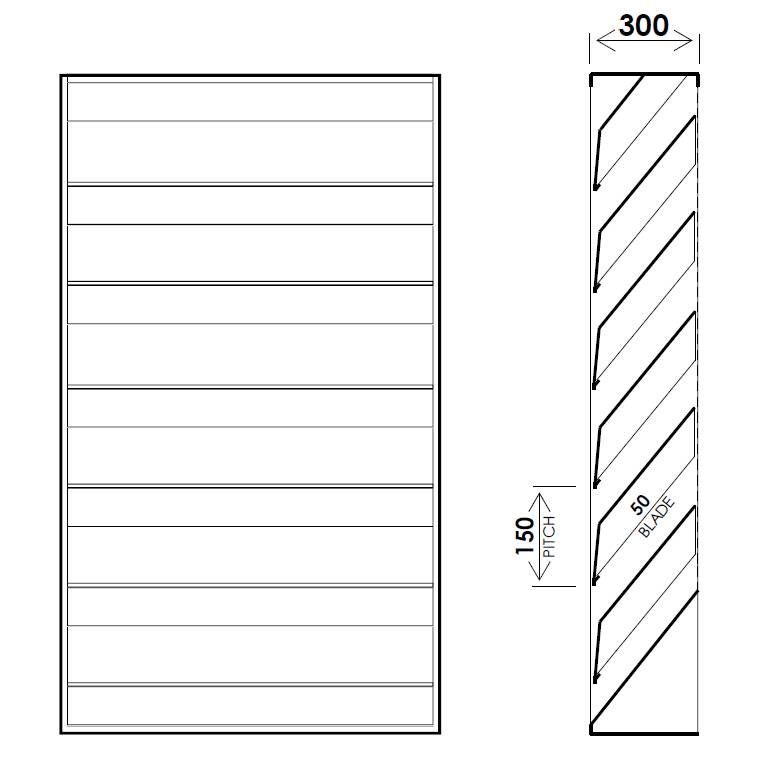 Acoustic Louvre Model AL3015, 300 mm deep - 150 mm Pitch Horizontal Metal Louvres