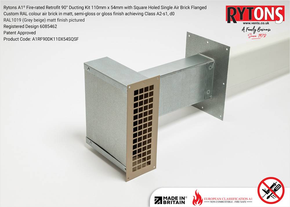 Rytons A1 Fire-rated Retrofit 90° Ducting Kit 110mm x 54mm with Single Air Brick