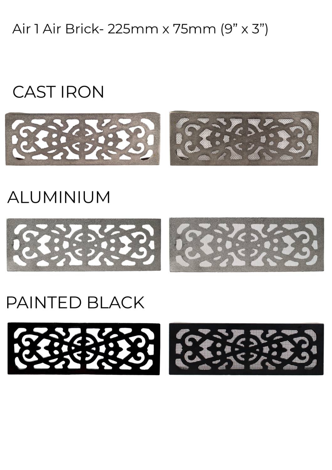 Air Bricks - cast iron and aluminium 9" x  3" (225 mm x 75 mm) standard, rectangular. External or internal ventilation airbrick. - Air Brick