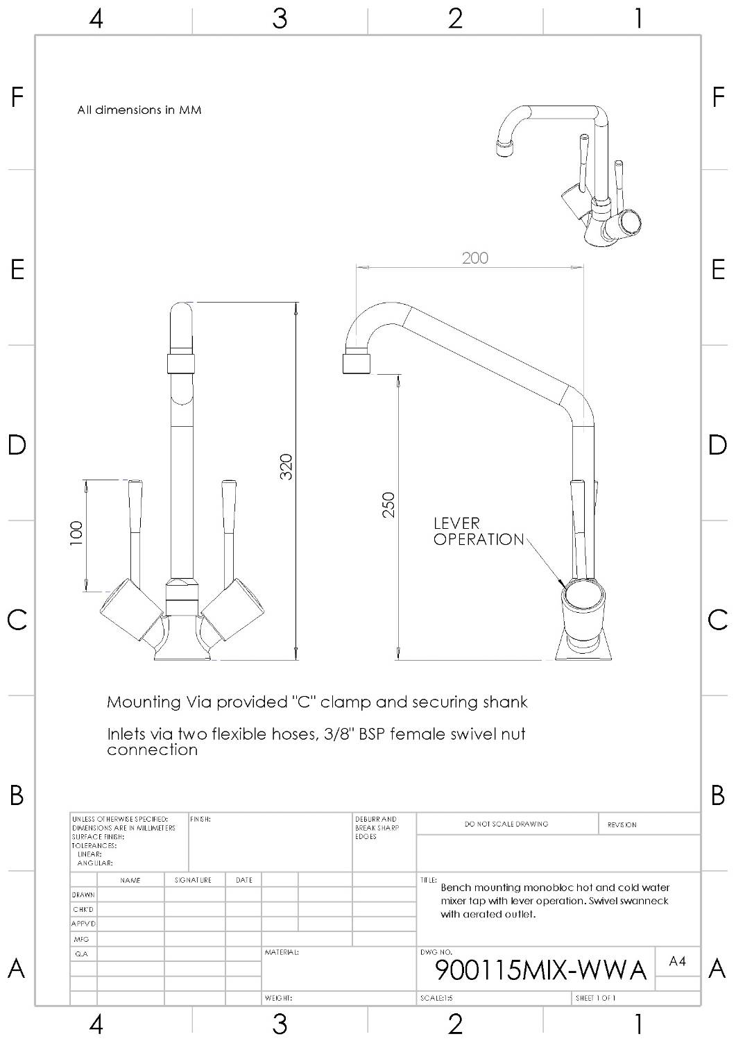 Arboles UK Bench Mounted Monobloc Mixer Tap With Aerator Nozzle and Wrist Action Levers