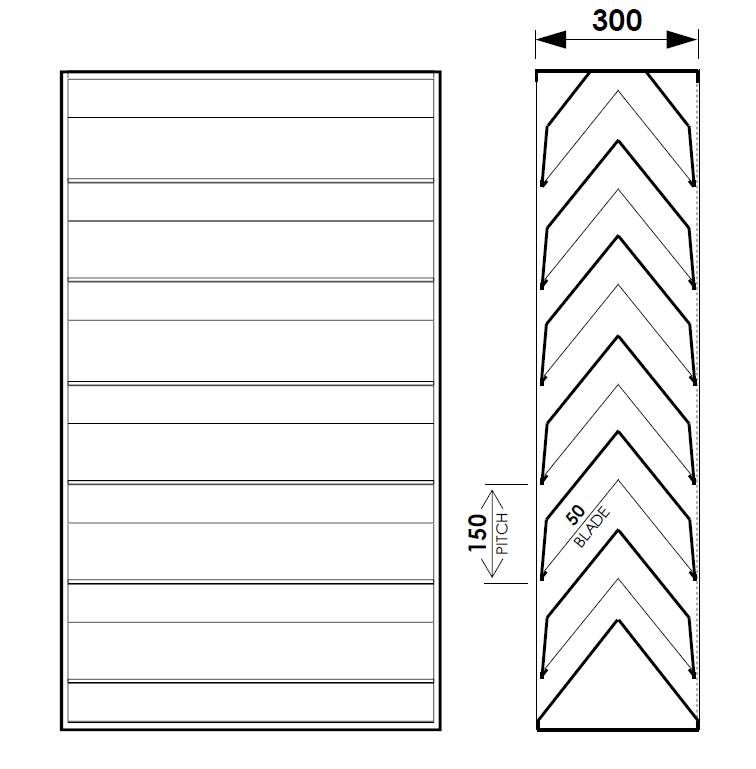 Acoustic Louvre Model AL1515D, 300 mm deep Double Bank Chevron - 150 mm Pitch Horizontal Metal Louvres