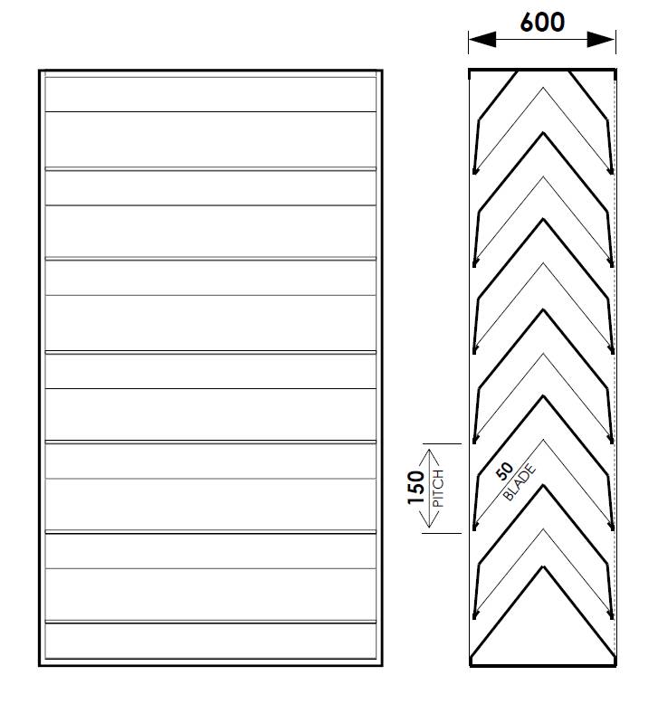 Acoustic Louvre Model AL3015D, 600 mm deep Double Bank Chevron Blades - 150 mm Pitch Horizontal Metal Louvres