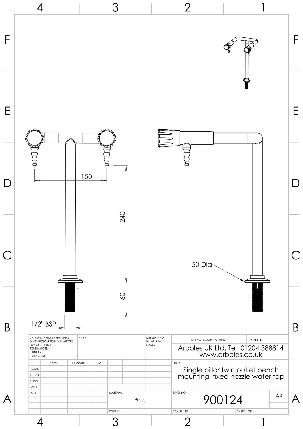 Arboles UK Two Way Pillar Bib Tap Cold Water