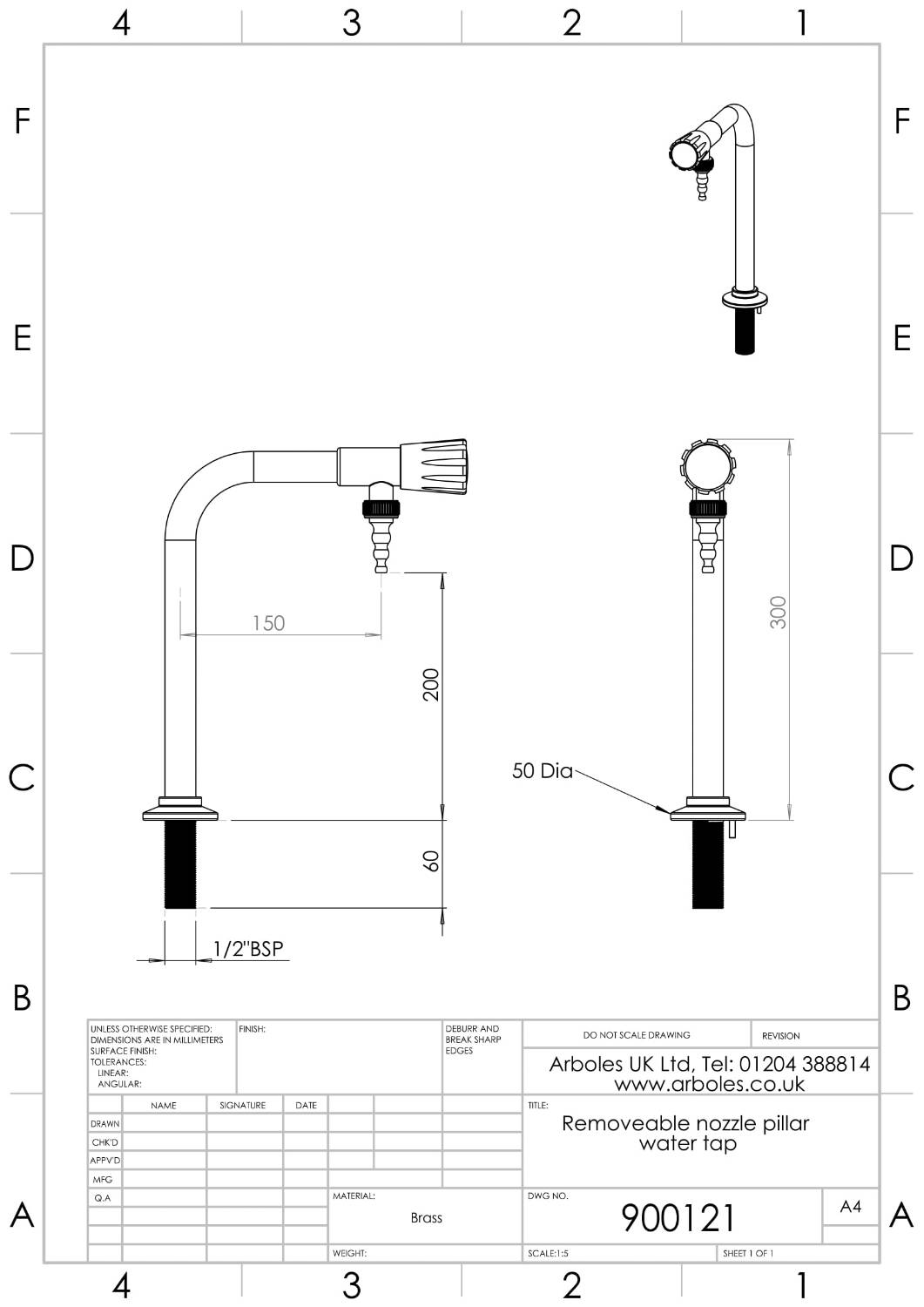 Arboles UK Pillar Bib Tap with Removable Nozzle