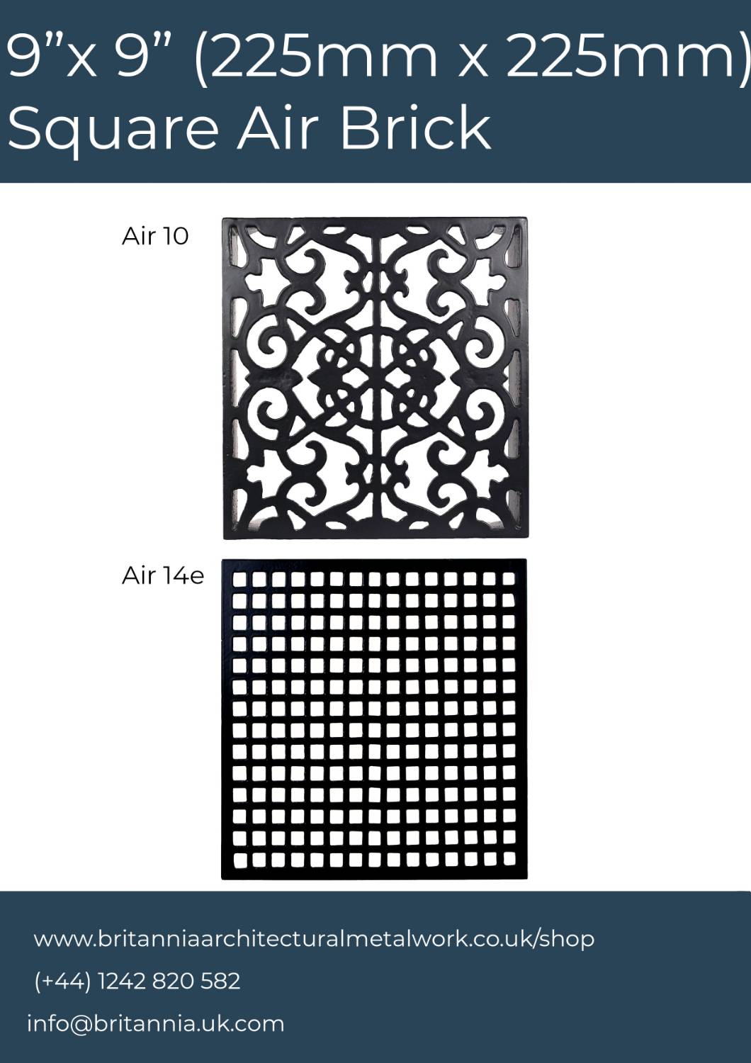 Air bricks - cast iron and aluminium 9" x  9" (225 mm x 225 mm) square.  External or internal ventilation airbrick.  - Cast Iron and Aluminium Air Bricks