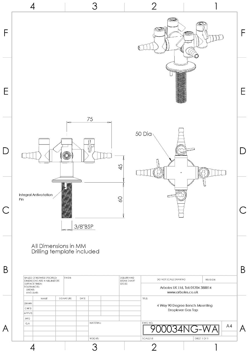 Arboles UK Four Way Bench Mounted Drop Lever Gas Tap