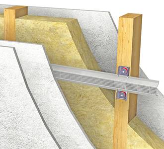 Acoustic isolation resilient  bar decoupling system for walls and ceilings - Isocheck Isoblock and Isobar - Acoustic decoupling system