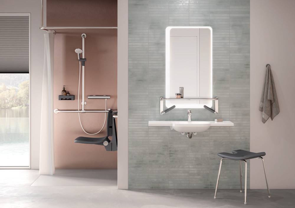 HEWI Hinged Seat Premium with Arms Hanging (Height adjustable) - Shower Seat