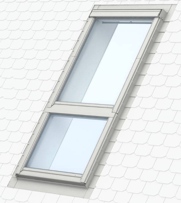 GPU Manually Operated, White Polyurethane Top-Hung Roof Window with GIU Sloping Fixed Window Below