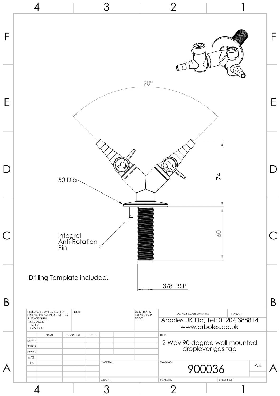 Arboles UK Two Way Wall Mounted Drop Lever Gas Tap