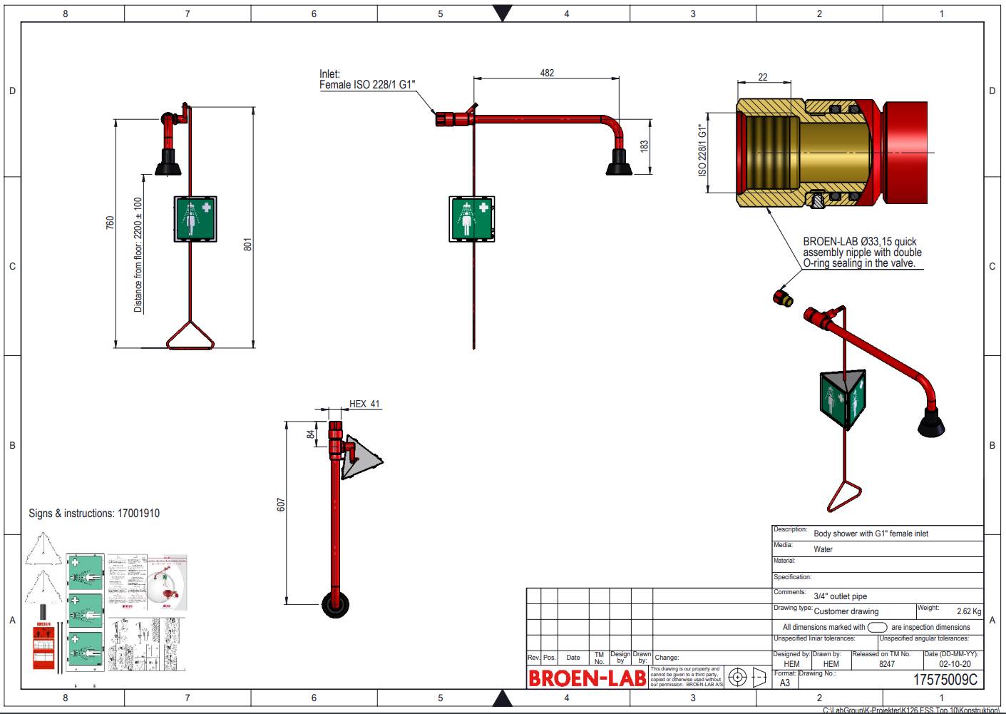 Wall Mounted G1" Emergency Drench Shower