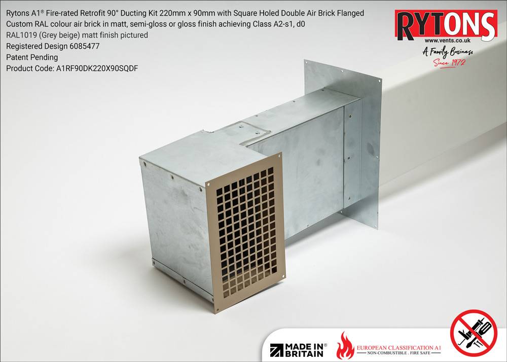 Rytons A1 Fire-rated Retrofit 90° Ducting Kit 220mm x 90mm with Double Air Brick