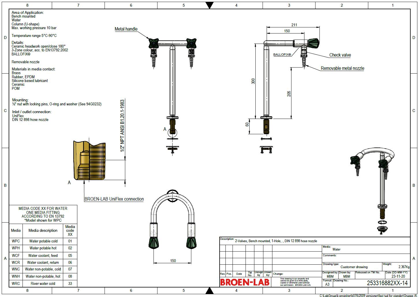 Table Mounted Laboratory Two-Way Pillar Water Bib Tap