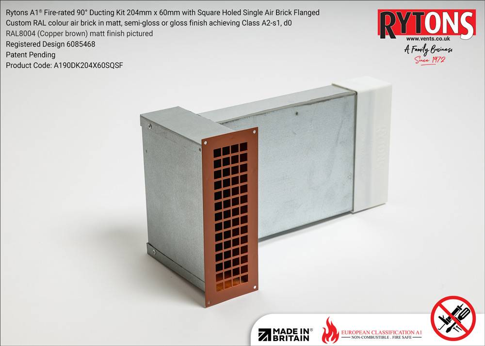Rytons A1® Fire-rated 90° Ducting Kit 204 x 60 mm with Single Air Brick