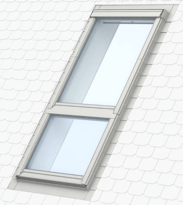 GGU Electric, White Polyurethane, Centre-Pivot Roof Window with GIU Sloping Fixed Window Below