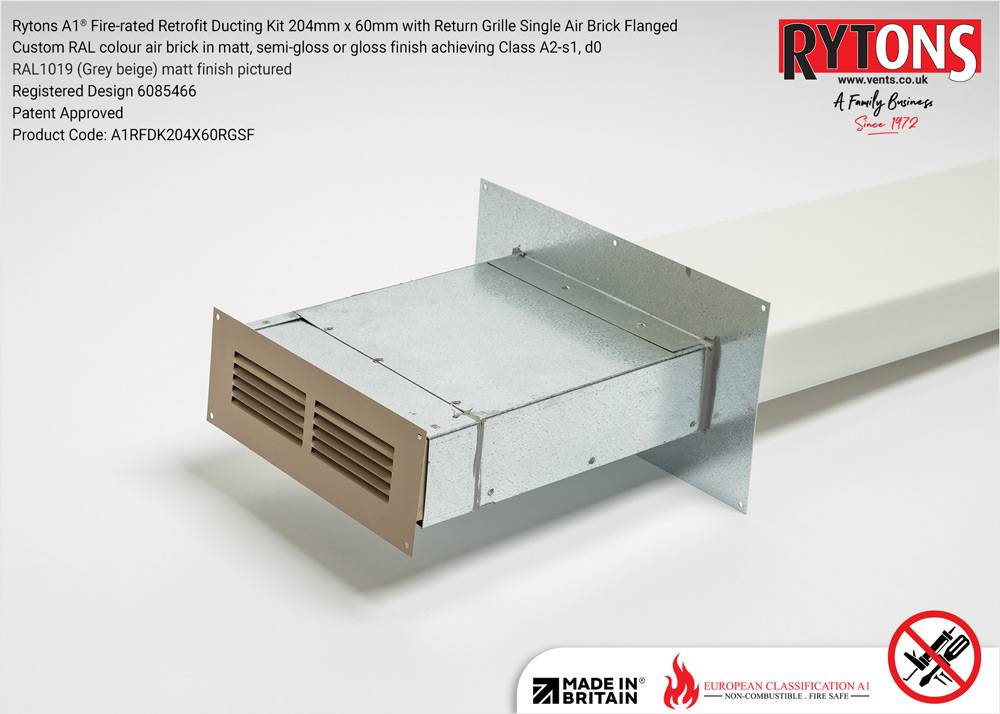 Rytons A1® Fire-rated Retrofit Ducting Kit 204mm x 60mm with Single Air Brick