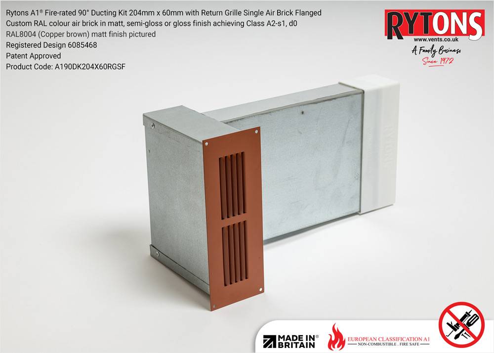 Rytons A1® Fire-rated 90° Ducting Kit 204 x 60 mm with Single Air Brick