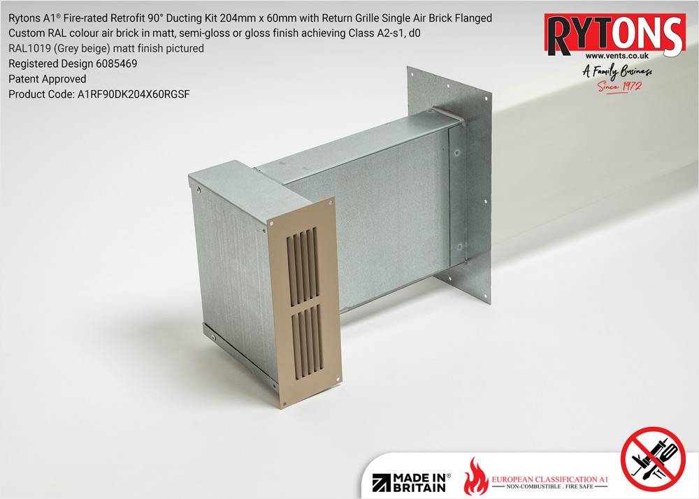 Rytons A1 Fire-rated Retrofit 90° Ducting Kit 204mm x 60mm with Single Air Brick