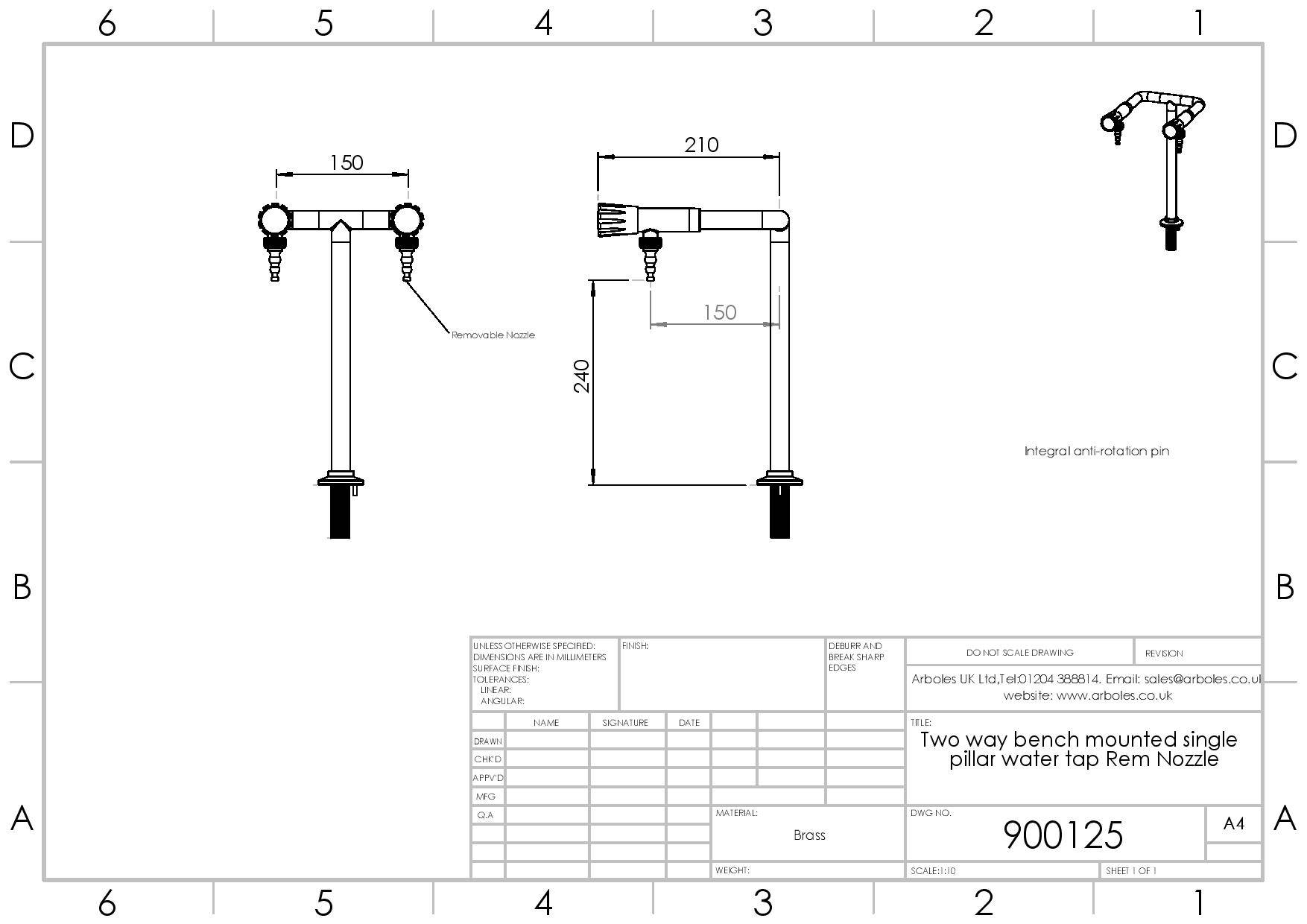 Arboles UK Bench Mounted Two Way Pillar Bib Tap With Removable Nozzles