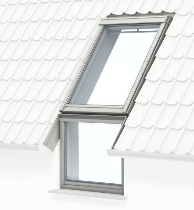 GGU Manually Operated, White Polyurethane, Centre-Pivot Roof Window with Fixed Vertical Window Below