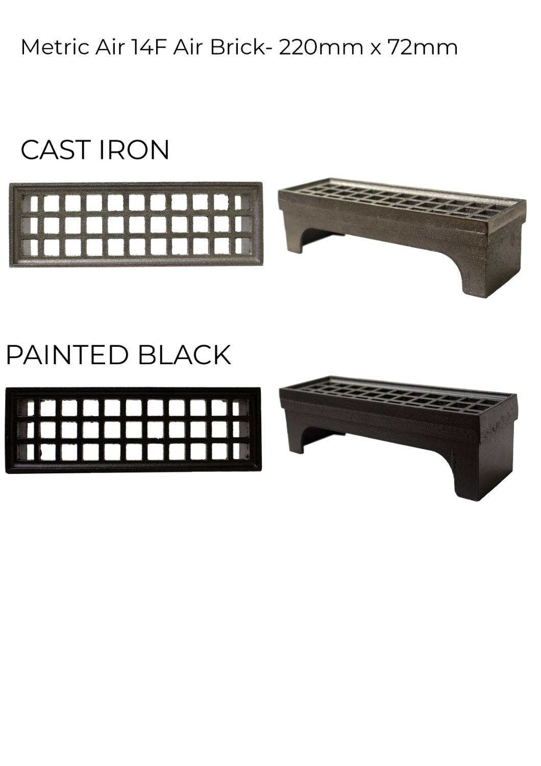 Metric Air Bricks –  Available with Rytons telescopic airliner or periscope underfloor ventilator. 220mm x 72mm rectangular. Cast Iron, external, or internal ventilation airbrick.