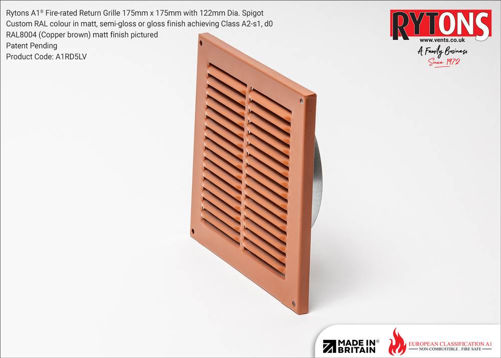 Rytons A1® Fire-rated Return Grilles 175 x 175 mm with Spigots