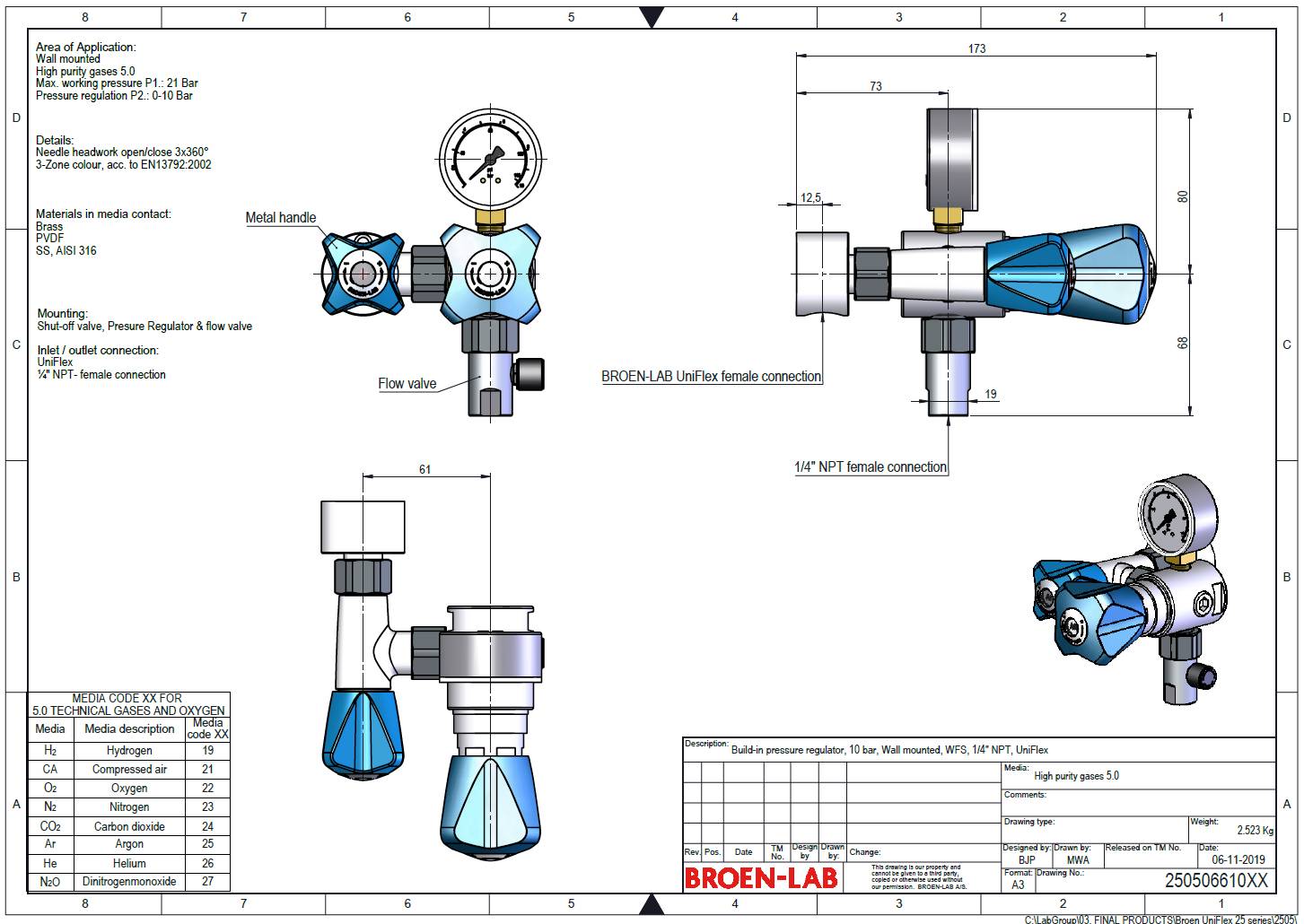 Wall Mounted Pure Gas Tap for Exposed Piping; With Isolation Regulator and Flow Valve