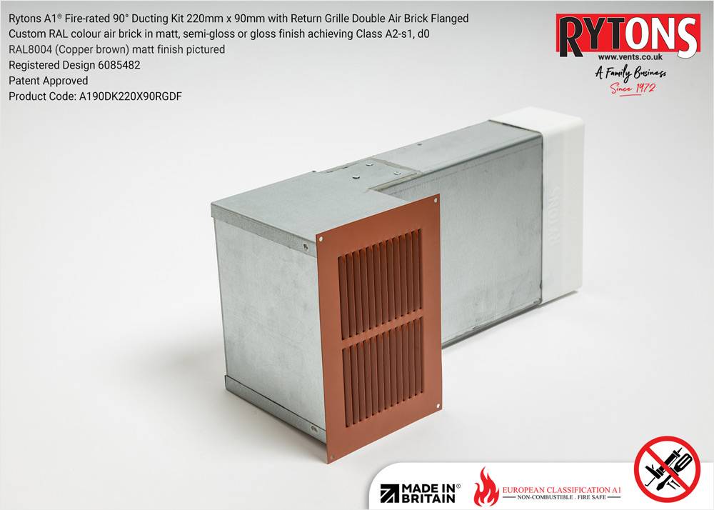 Rytons A1® Fire-rated 90° Ducting Kit 220 x 90 mm with Double Air Brick