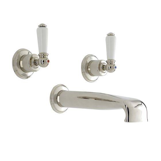 Traditional Three-Hole Wall-Mounted Bath Set With Low Profile Spout And Lever Or Crosstop Handles - Bath Tap Set