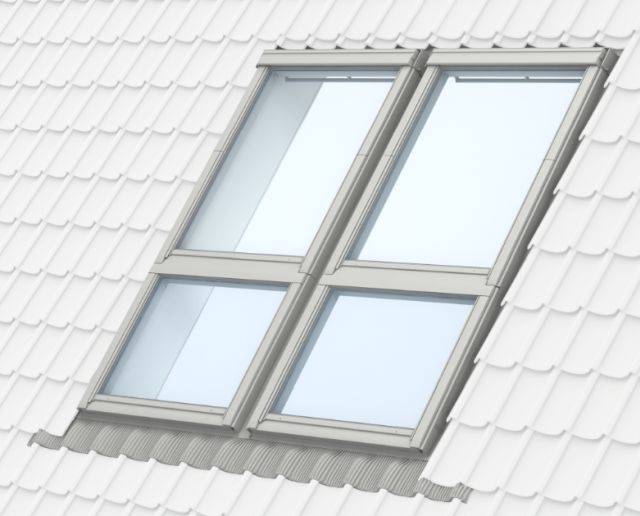 GPU Manually Operated, White Polyurethane, Top-Hung Roof Window with GIU Sloping Fixed Windows Below, Combination Installation