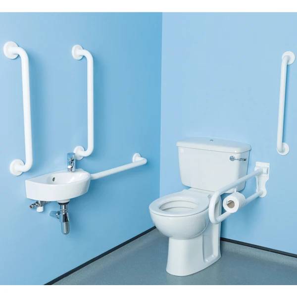 Twyford Avalon Set Of Floor-Standing WC With Close-Coupled Exposed Cistern, WC Seat Ring, Handrinse Basin, Tap, Aluminium Handles And Pull-Down Rail