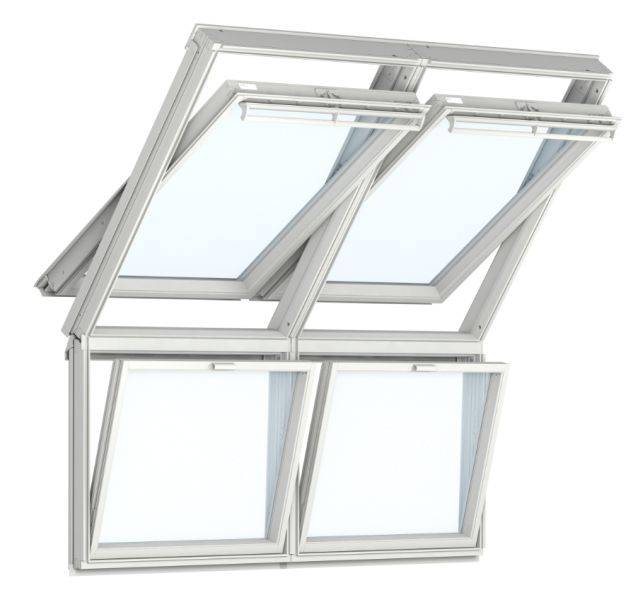 GGU Manually Operated White Polyurethane, Centre-Pivot Roof Windows with Fixed Vertical Windows Below, Twin Installation