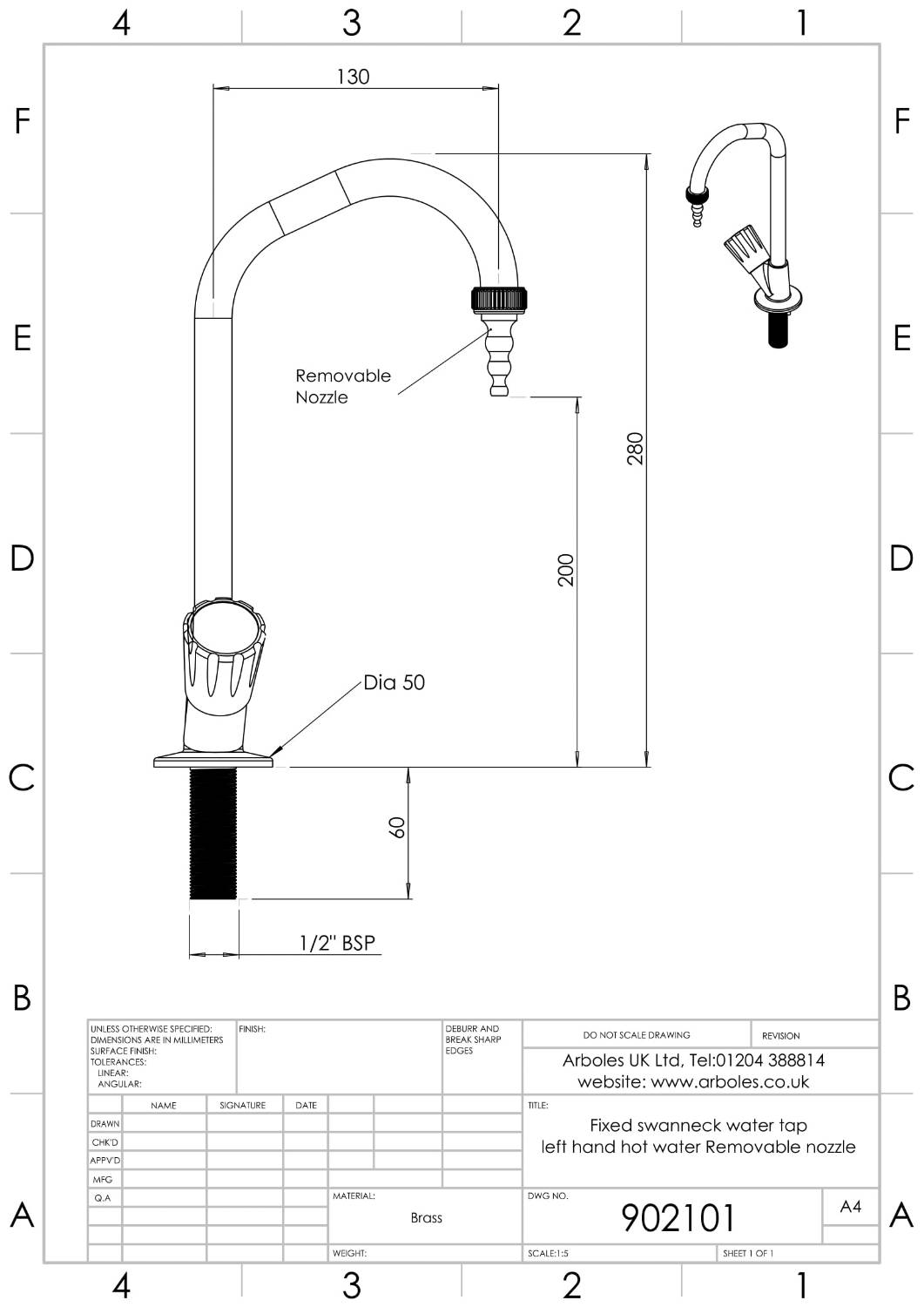 Arboles UK Bench Mounted Hot Water Swan Neck Tap With Removable Nozzle