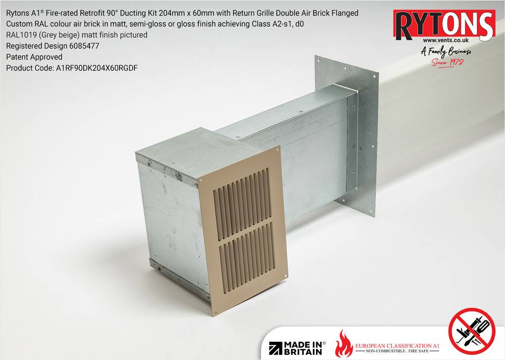 Rytons A1 Fire-rated Retrofit 90° Ducting Kit 204mm x 60mm with Double Air Brick