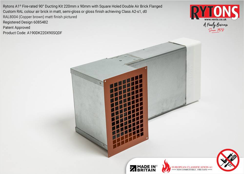 Rytons A1® Fire-rated 90° Ducting Kit 220 x 90 mm with Double Air Brick