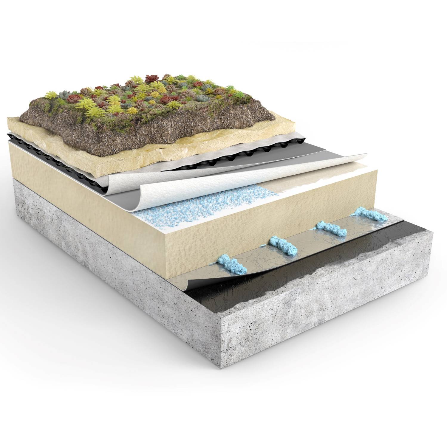 Dedicated Sedum Sub-Surface Adhered Membrane System With Mineral Wool Insulation - RENOLIT ALKORPLAN Green LA