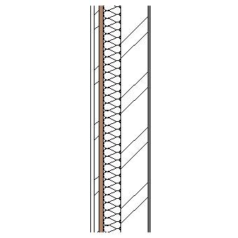 Weatherboard cladding with timber frame, weather barrier, particleboard insulation, steel frame and plasterboard lining